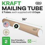 Cardboard Mailing Tubes, 4" x 36" with Plastic Caps, Pack of 2 - USA-Made USPS Approved Poster Tube for Documents & Blueprints - Reinforced Mailing Cylinders for Shipping & Storage by IDL Packaging