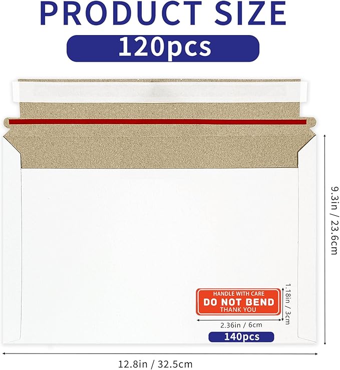 Cheardia 120 Pack Photo Document Mailers with Self Adhesive Seal, 13 x 9.25 Inch Rigid Mailers Stay Flat Cardboard Envelope with Label for CD, Photos, White