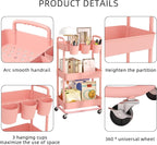 JIUYOTREE 3-Tier Plastic Rolling Storage Cart Utility Cart with Extra Hanging Cups Handles Lockable Wheels for Living Room Bathroom Kitchen Office Pink
