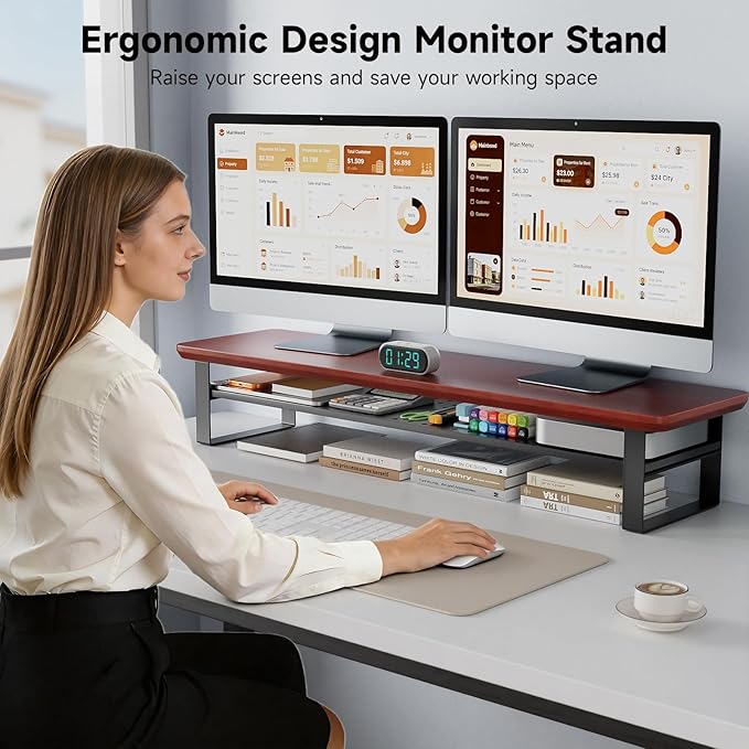 NestNeat Dual Monitor Stand, 35.4 Inch Monitor Stand Riser for 2 Monitors, 2 Tiers Wood Desk Shelf with Storage, Desktop Organizer Stand for Computer, Laptop, Printer, TV (Reddish Brown, 35.4in)