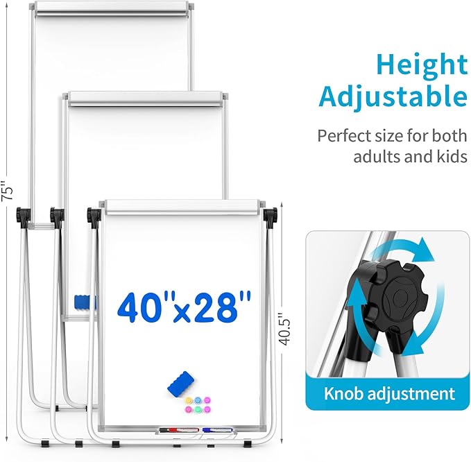 DexBoard U-Stand Double Sided 40" x 28" Magnetic Dry Erase Easel, Height Adjustable & 360° Rotating Whiteboard with 1 Eraser, 6 Magnets and Paper Pads