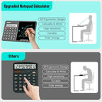 HIHUHEN Calculator with Writing Pad - Solar & Battery Dual Power Supply - 12-Digit Large Display Calculator for Business and Office Use (Black)