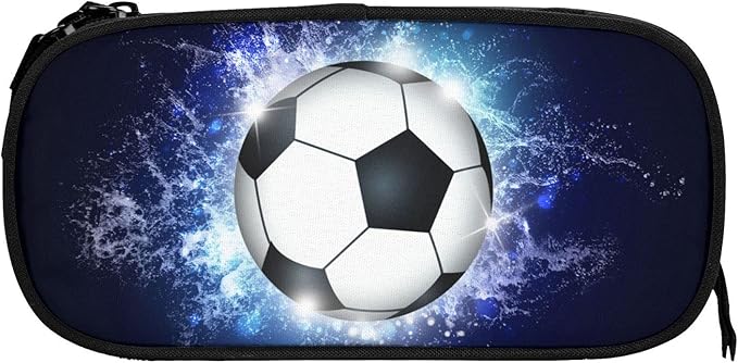 Blue Sports-Themed Pencil Case with Soccer Balls Pattern, Large Capacity Durable Pencil Box Storage Pen Bag with Zippers, Soccer Pencil Pouch Stationary Case for Boys Girls