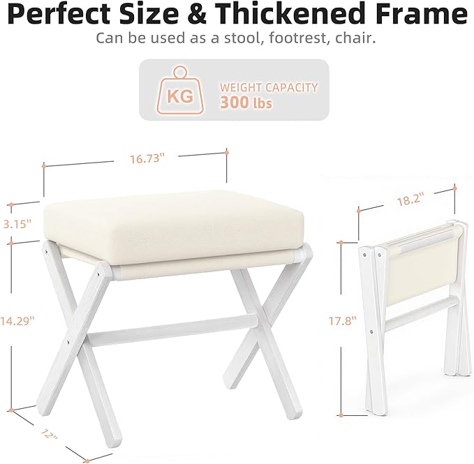 BAMBOOHOMIE Foldable Foot Stool Ottoman, Modern Foot Rest with Bamboo X Legs & Thick Foam Cushion, Folding Foot Stools Small Padded for Bedroom Living Room, Footstool for Chair Couch (White - White)