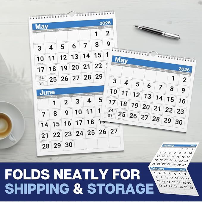 Dunwell 2026 2-Month Wall Calendar, Blue, Monthly Hanging Calendar with Large Bold Numbers, Easy to Read, Jan–Dec 2026, 11x17 Open, Ships Folded