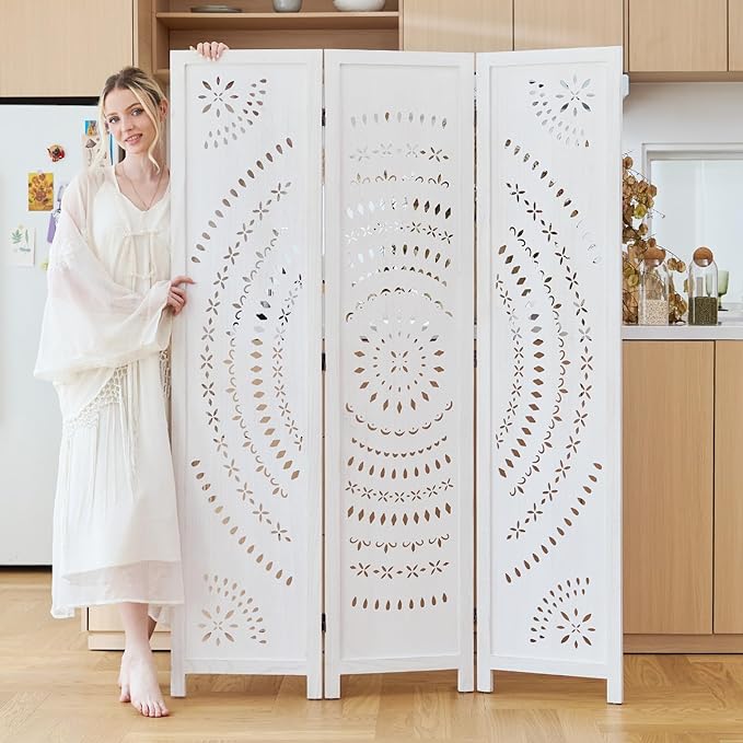 5.6 Ft Folding Room Divider, Portable Privacy Screen & Partition, No Assembly Required for Use as Cat Litter Box Cover, Clutter Hider, Room Separator, 3 Panels (White)