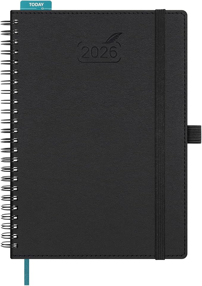 BEZEND 2026 Planner Weekly and Monthly (6" x 8.5" Spiral) Daily Calendar with Hourly Timeslots & Tabs (Jan-Dec) Note & Expenses, Pen Holder, Inner Pocket, Vegan Leather Softcover - Black