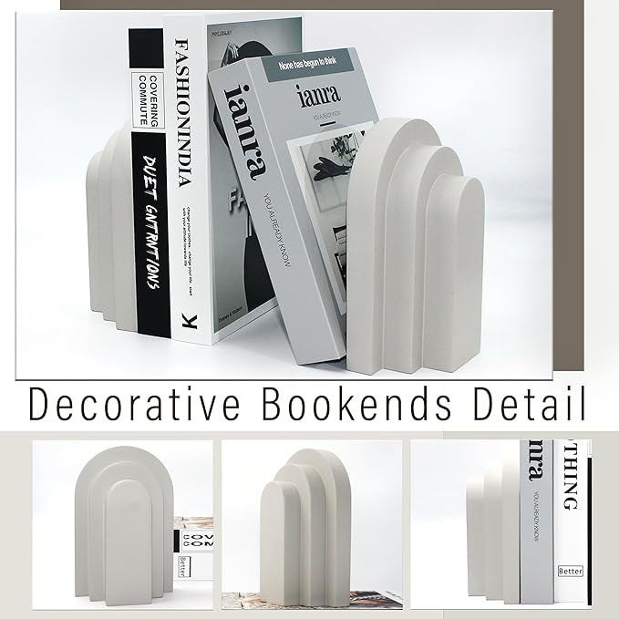 LIN CHUAN Heavy Duty Book Ends for Shelves, Decorative Bookends for Heavy Books Set of 2, 6.6 LBS Modern Book Stopper for Home Decor, Bookshelf, Aesthetic Bookend with Layered Arch Design, Gray