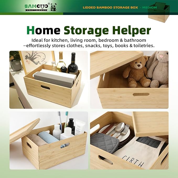 BAMOTTO Lidded Bamboo Storage Bins & Box/Cube/Basket, Home Kitchen and Office Storage Boxes with Handles & Stackable for Organizer Tableware, Clothing, Toys, Office Shelf Books, 14.6”x10.2”x6.5”