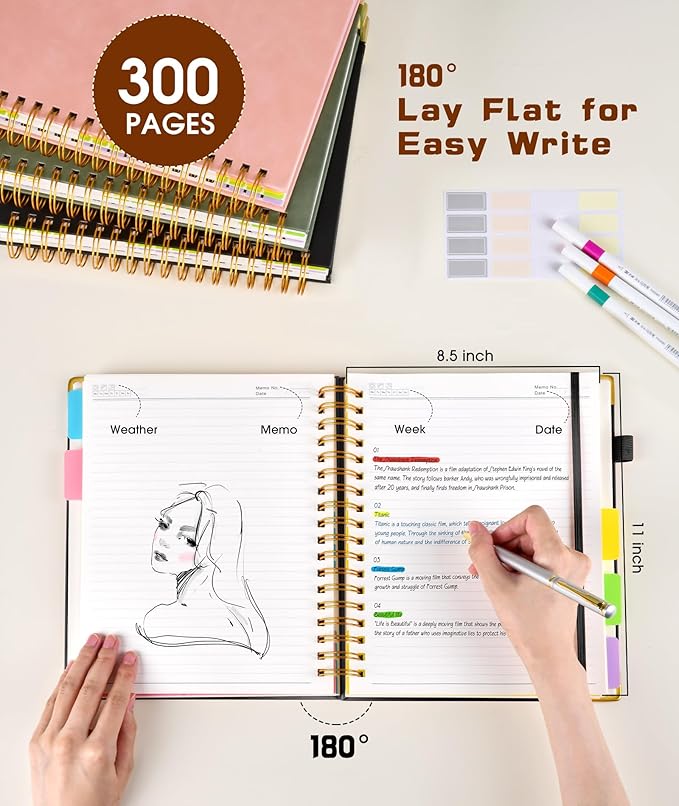Hardcover Spiral Notebook 8.5"x11" Journal with Removable Dividers Tabs, 300 Pages Leather 5 Subject Notebook College Ruled, Large A4 Notebooks for Work School, Lined Journal for Women, A4 Black