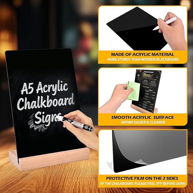 Pintuson 4 Pack Mini Chalkboard Signs - 8x6 inch Acrylic Chalk Board - Small Chalkboard Signs with Beech Base - Double Sided Blackboard for Display Menus, Food Signs, Message Boards, Table Numbers