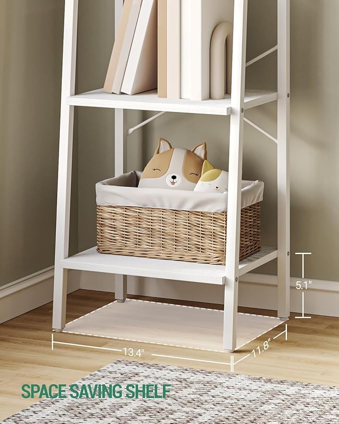 Hzuaneri Ladder Shelf, Bookshelf Bookcase, Freestanding Corner Storage Shelve with 2 Hooks for Home Office, Living Room, Kitchen, Bedroom, Industrial, 5-Tier White BC03213W