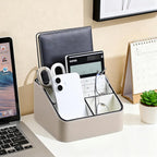 MEIBOOCH Remote Control Holder, PU Leather Small Desk Organizer with 4 Compartments, Nightstand Organizer Desk Caddy for Remote, Notepad, Phone, Glasses, and Accessories (Beige)