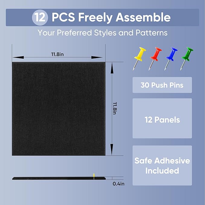VUSIGN Large Cork Board for Wall 47"x35", 12 Pack Bulletin Board, Felt Wall Tiles with Adhesive Tabs and Push Pins, Push Pin Board for Office, School, Home, Black