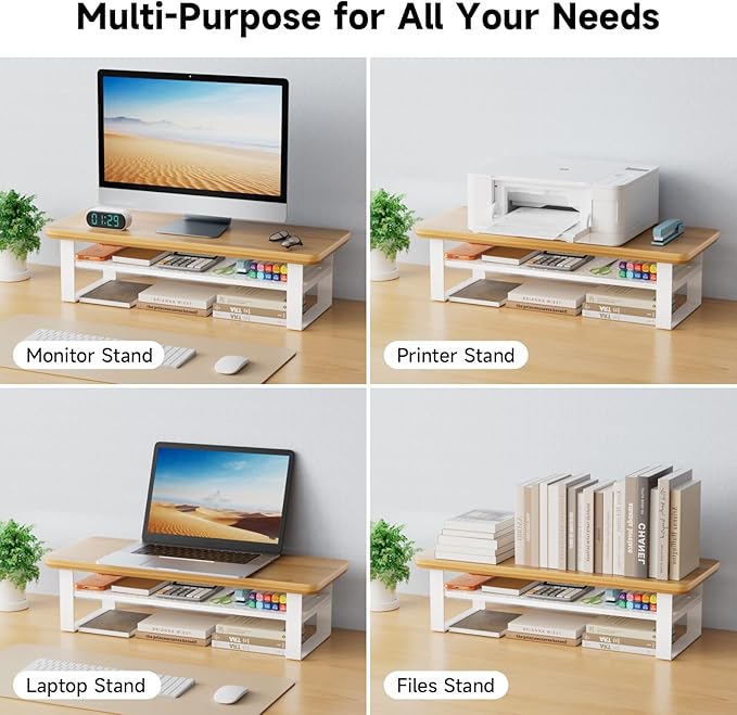 NestNeat Monitor Stand Riser, 24 Inch Computer Monitor Stand for Desk, 2-Tier Wood Desk Shelf Organizer with Storage, Desktop Stand for Laptop/Screen/PC/Printer, Ergonomic Home Office Monitor Stand