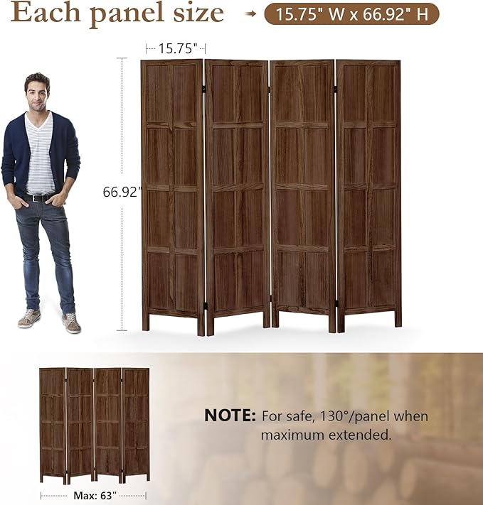 ALeesing 4 Panel Room Divider, 5.6Ft Wood Room Dividers and Folding Privacy Screens, Room Divider Wall Freestanding Room Partitions, Room Dividers Screen for Home Office Bedroom, Dark Brown