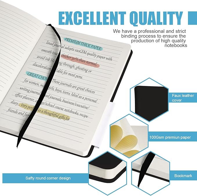 EMOMAS Lined Journal Notebook – Hardcover Notebook for Men & Women – Journals for Writing, Work, School, Home & Daily Notes, 160 Pages – Medium A5, 5.7"x8", 100 gsm Thick Paper (Black)