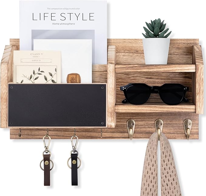 Lwenki Mail and Key Holder – Wall Mount Key Hanger with Shelf and 7 Metal Hooks – Decorative Natural Paulownia Wood Entryway Organizer with Mounting Hardware (16.5”W x 8.7”H x 3.5”D) (Wood)