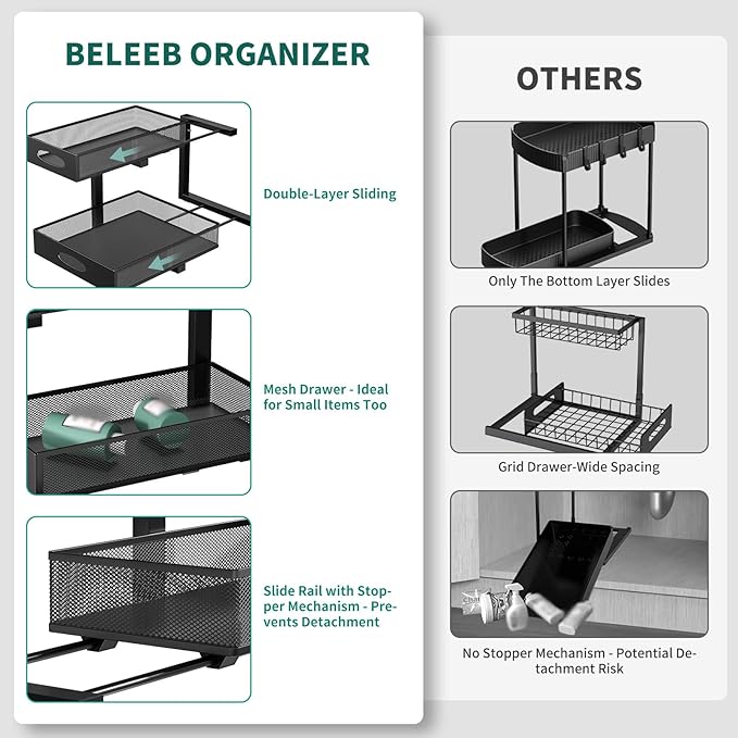 Beleeb Under Sink Organizer, Extra-Wide Upgrade, 2-Pack of 2-Tier Metal Slide Out Cabinet Organizer, Height Adjustable Organization and Storage Series, Bathroom/Cabinet/Kitchen organization, Black