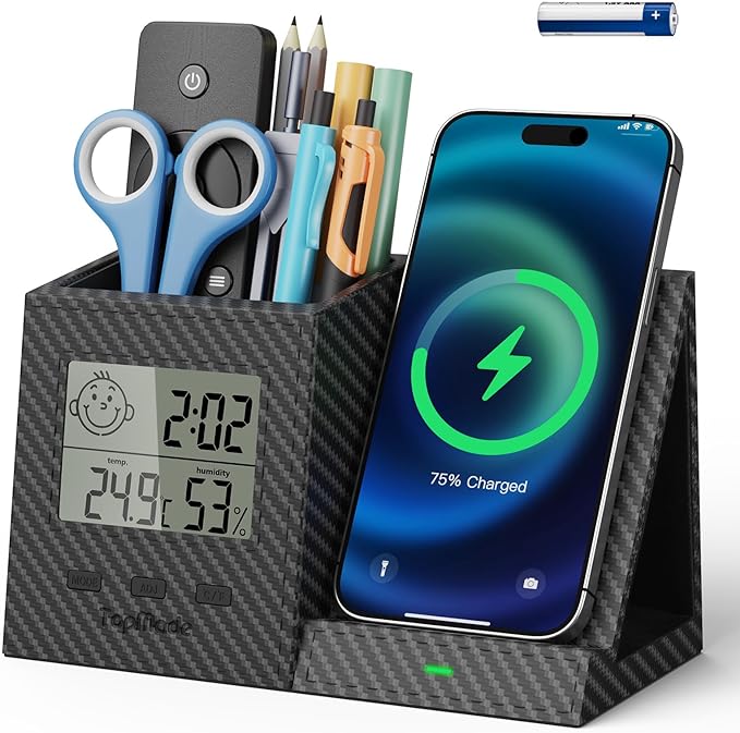 TopMade Wireless Charger with Pen Remote Holder, Multi-Functional Leather Nightstand Organizer Fast Charging Station, Digital Thermometer and Humidity Gauge, Desktop Storage (Black Carbon Fiber