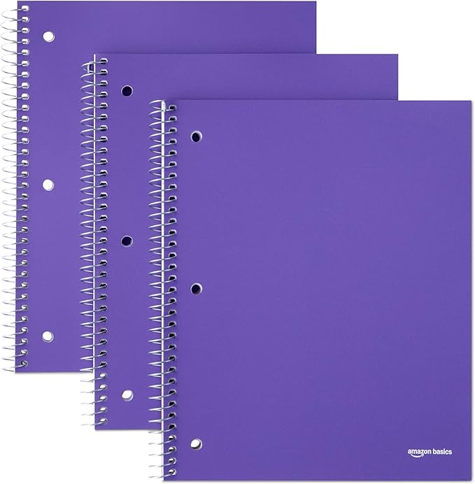 Amazon Basics Notebooks, Wide-Ruled Spiral Notebook with Poly Cover, For Work and School, 100 Sheets, 8" x 10.5", Radiant Orchid, 3-Pack