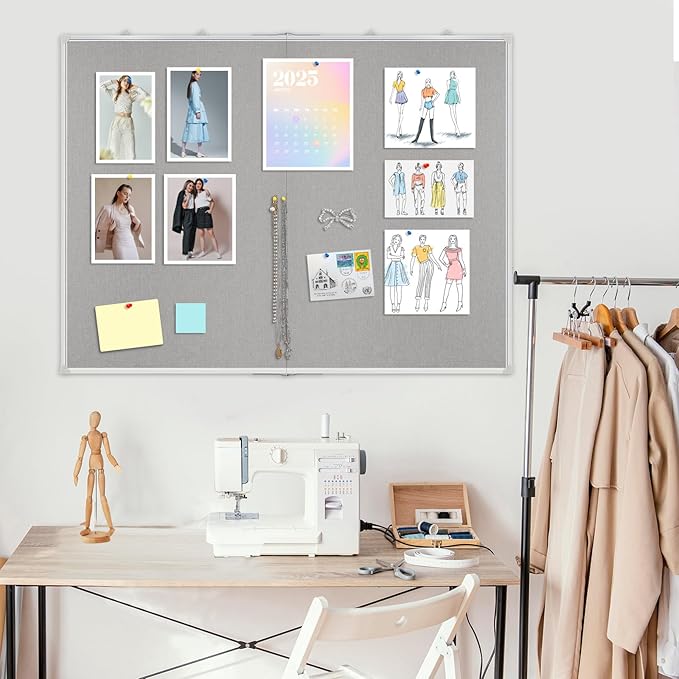 AMUSIGHT Double-Sided Large Cork Board with Linen, 48" x 36" Foldable Hanging Aluminum Framed Bulletin Board, Vision Board Pin Board Corkboards for Walls, Office, School Decor, 20 Pushpins