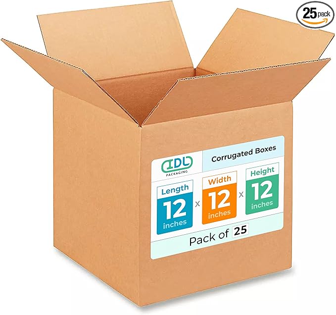Medium Shipping & Moving Boxes 12"L x 12"W x 12"H (25-Pack) - Extra Strength 200 lb vs Regular - Corrugated Cardboard Boxes for USPS/UPS/FEDEX - Box for Shipping - Box to Pack by IDL Packaging