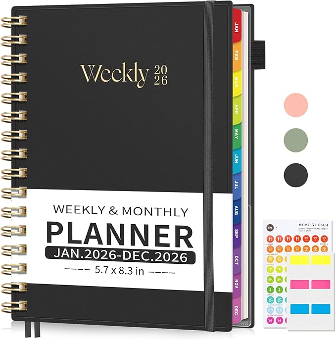 EMSHOI 2026 Planner Weekly and Monthly, Week on One Page with Notes, A5 (5.7"x8.3"), Jan-Dec 2026 Calendar Agenda with Monthly Tabs, Note Pages, 100GSM Thick Paper, Flexible Cover, Black