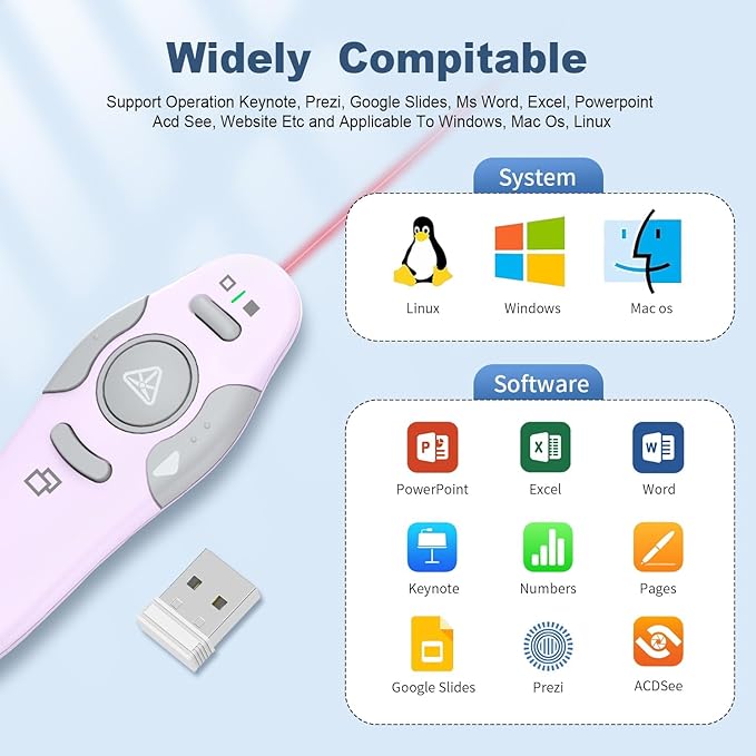 QUI Presentation Clicker Wireless Presenter Remote Clicker for PowerPoint Presentation Remote, PowerPoint Slide Advancer for Mac/Windows/Google Slide/Keynote, USB A, Purple