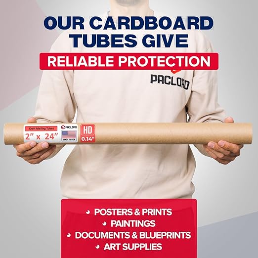 Paclord 2" x 24" Heavy-Duty Reinforced Cardboard Mailing Tube, Pack of 4 Tubes with 8 Caps – Secure USPS Approved – Great for Shipping and Storing of Prints, Artwork, Posters or Documents