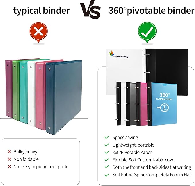 Tashkummy 360 Degree Pivotable Binder, Upgraded 3 Ring Binder 1 inch, Flexible Binders 3 Ring, Foldable Three Ring Binders- Black