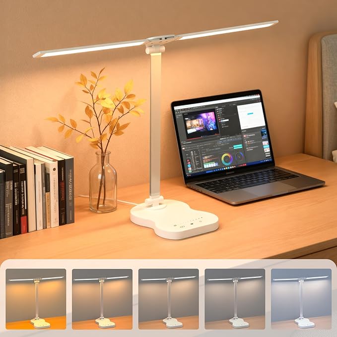 Ddlisu LED Desk Lamp with USB Charging Port, 5 Color Modes 10 Brightness, Dual Swing Arm Dimmable Desk Lamps for Home Office Nail Dorm (White)