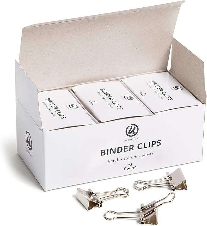 U Brands Small Binder Clips, Metallic Silver, Office Organization Supplies, 19mm, 72 Count