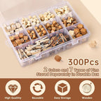 GOOLADA 300Pcs Wooden Push Pins,2 Colors and 7 Types Decorative Thumb Tacks, Cute Thumb Tacks, Wood Pushpins for Cork Board, Wooden Thumbtacks for Bulletin Board, Cubicle Wall, Cork Board Accessories