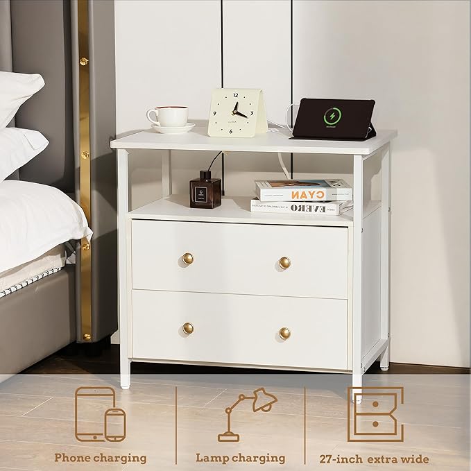 Edbuosy 27 inch Wide Night Stand with Charging Station, Bedside Table with Open Shelf, 2 Drawers Small Wood Dresser, Modern Wood Nightstand for Bedroom/Living Room (White)