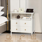Edbuosy 27 inch Wide Night Stand with Charging Station, Bedside Table with Open Shelf, 2 Drawers Small Wood Dresser, Modern Wood Nightstand for Bedroom/Living Room (White)