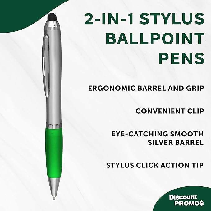 DISCOUNT PROMOS Stylus Ballpoint Pens Set of 10, Bulk Pack - Black Ink, Great for Office, School, Business, Tradeshows, Events - Green