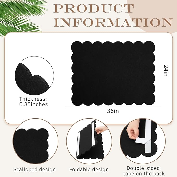 Mooliwe Scalloped Felt Bulletin Board 36 x 24 Inches Foldable Black Pin Cork Board Alternative for Wall, 3' x 2' Trifold Picture Vision Self Adhesive Bulletin Decorative