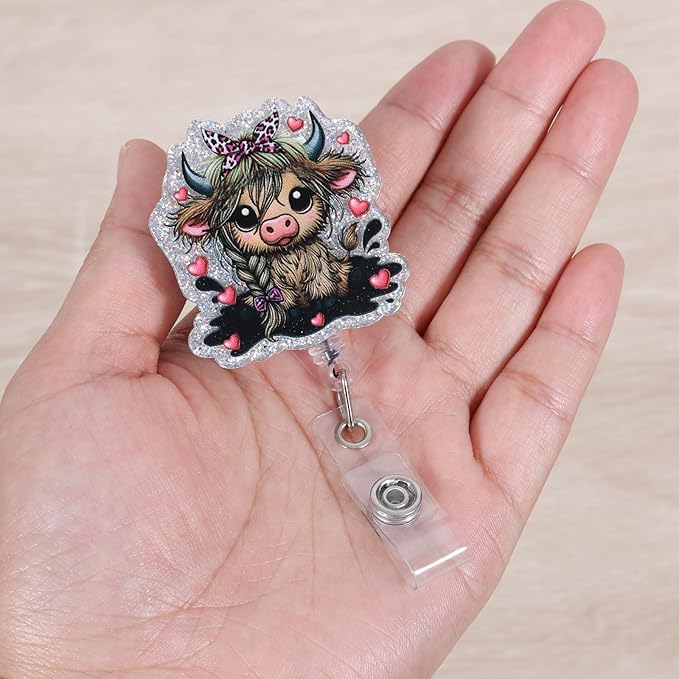 Funny Bow Highland Cow Nurse Badge Reel, Cute Retractable ID Card Pediatric Badge Holder, Name Tag Badge Buddy for RN CNA LPN MA Nurse Nursing Student Doctor Medical Social Workers & Office Staff