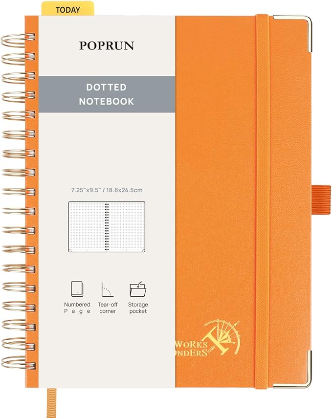POPRUN Spiral Bullet Dotted Journal Notebook, 7-1/4" x 9-1/2" - 120 GSM Thick Paper, 220 Numbered Pages, Hardcover for Men & Women with Pocket, Index Tabs, 8 Perforated Sheets, Orange