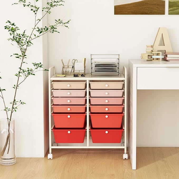 LDAILY 12 Drawer Rolling Storage Cart, Craft Cart Organizer on Wheels w/Metal Frame, Large Capacity & Smooth Drawer, Rolling Cart w/Drawers for Classroom, Office