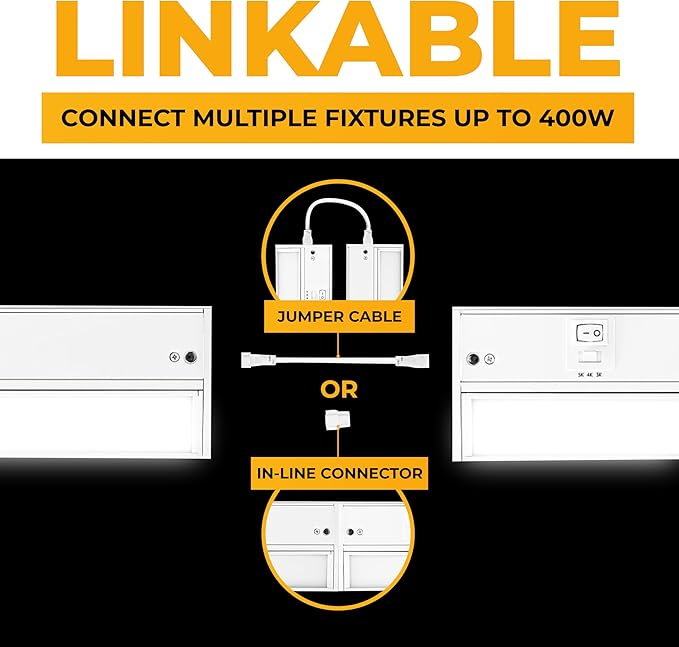 LED Under Cabinet Lighting Hardwired - 3CCT 18 Inch White Finish - Undercabinet Lights for Kitchen - Linkable Undercounter Dimmable Plug in Light or Hard Wired - Under Counter Fixture Direct Wire