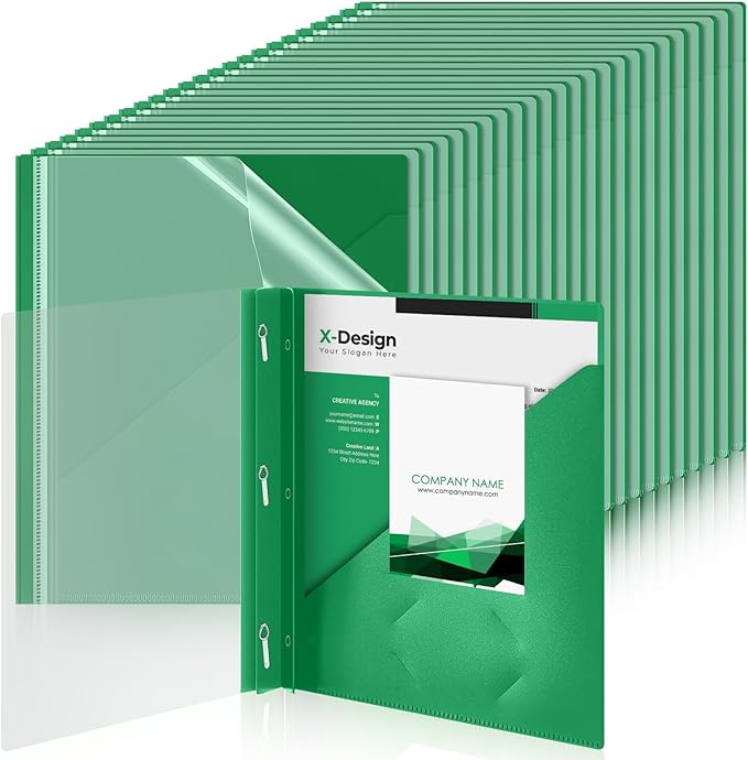 Teling 48 Pcs Clear Front Report Covers with 3 Prongs, Plastic Green Presentation Folders Bulk with 3 Pockets for A4 and Letter Size Paper, 90 Sheet Capacity, Document Covers for School Business