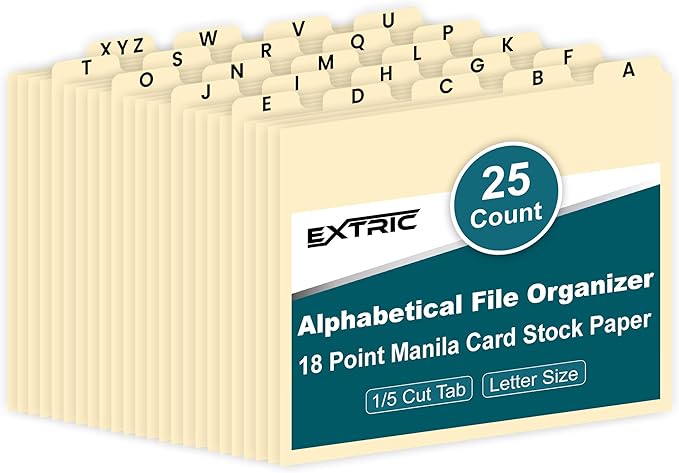 Alphabetical File Organizer, File Cabinet Dividers Letter Size, 25 Heavyweight Manila Guides A-Z Dividers with Tabs, 1/5 Cut Tab Positions Filing Cabinet and Desk Organizer