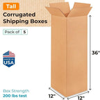 Tall Moving & Shipping Boxes 12 x 12 x 36 inches (5-Pack) - Extra Strength 200 lb vs Regular - Corrugated Boxes for Packaging Moving - Cardboard Shipping Box - Box Pack by IDL Packaging