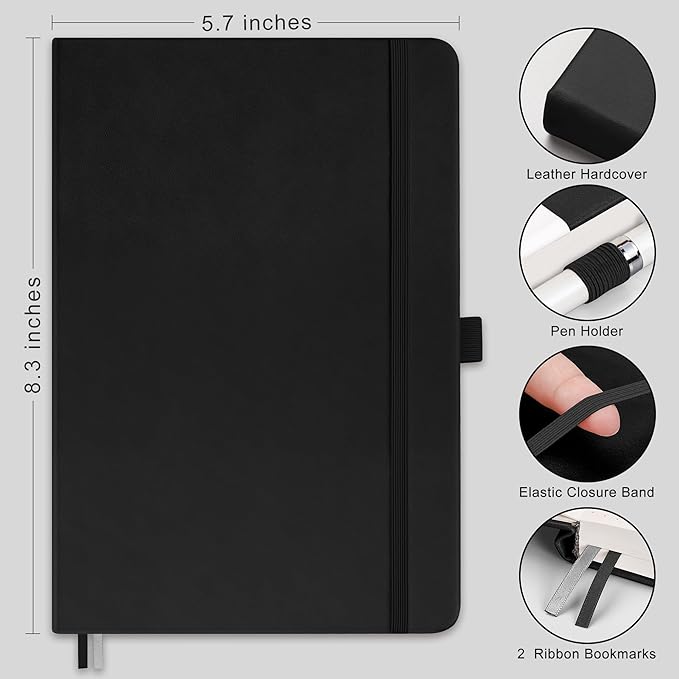 RETTACY Bullet Dotted Journal Notebook, 320 Numbered Pages, A5 Medium Size (5.7'' × 8.3''), Leather Hardcover, 100 GSM Thick Paper, for Bullet Journaling, Planning, Tracking (Black)