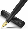 MCNTEIK Matte Black Fountain Pen, Exquisite Vertical Grooving Design, Ink Converter, 18K Gilded Nib (Extra Fine), Fancy Gift Set for Men & Women, Office, Smooth Writing Calligraphy Pens