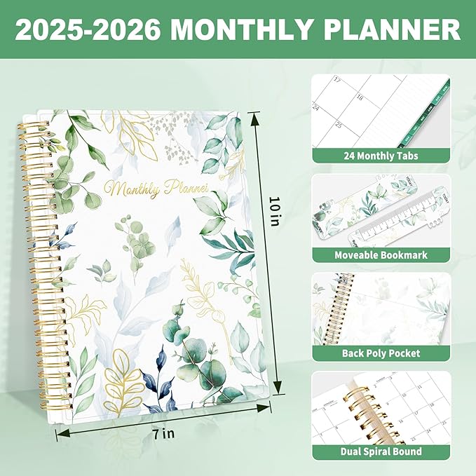 SUNEE 2026-2027 Planner - 24 Months (Jan 2026 - Dec 2027) - 7"x10" Monthly Spreads & Yearly Planner, Greenery
