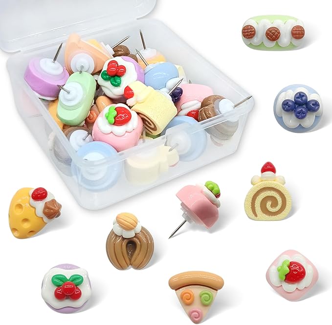 WINFA Push Pins Thumb Tacks for Bulletin Boards Decorative Pushpin for Corkboard Imitation Food Cakes Funny Thumbtacks for Photo Wall Kitchen Bar Cafe Decor (24 Pcs)