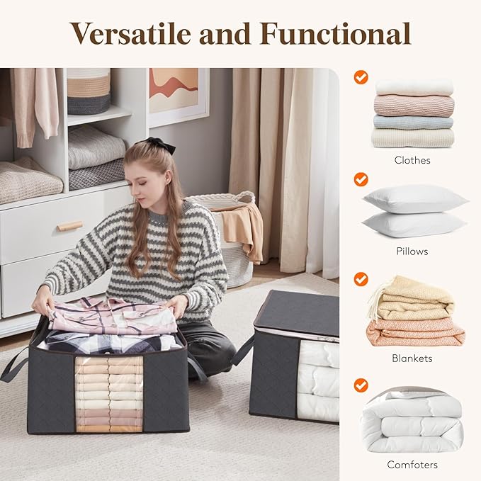 Lifewit Large Capacity Clothes Storage Bag Organizer with Reinforced Handle Thick Fabric for Comforters, Blankets, Bedding, Foldable with Sturdy Zipper, Clear Window, 24 Pack, 90L, Grey